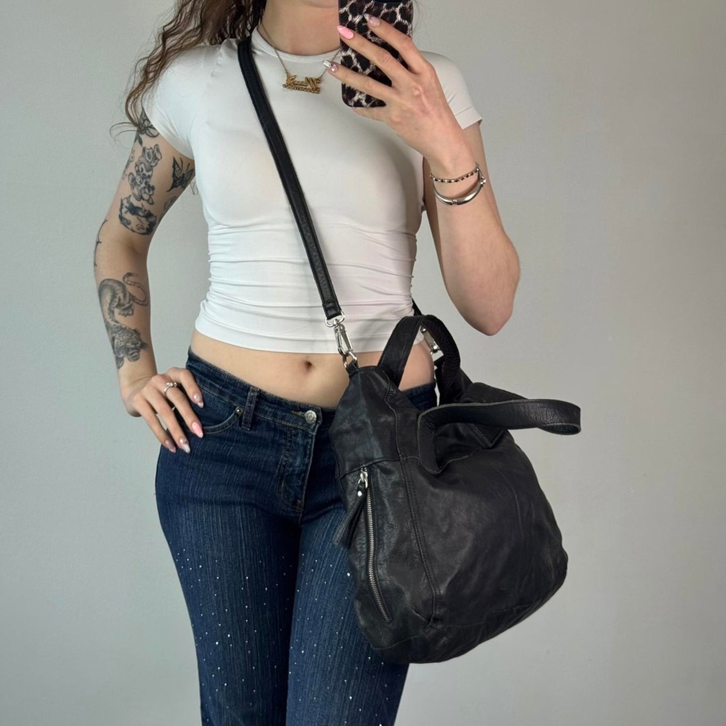 Genuine leather Topshop shoulder bag boho with strap zipper medium size