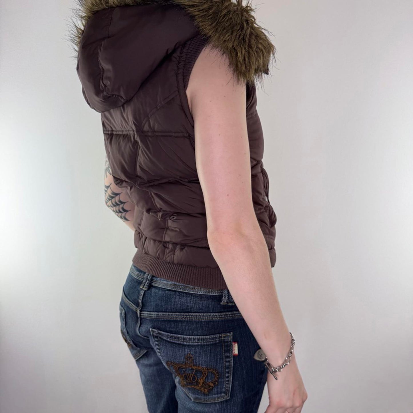 Y2K vintage padded faux fur trim gilet body warmer zip up feather down mcbling