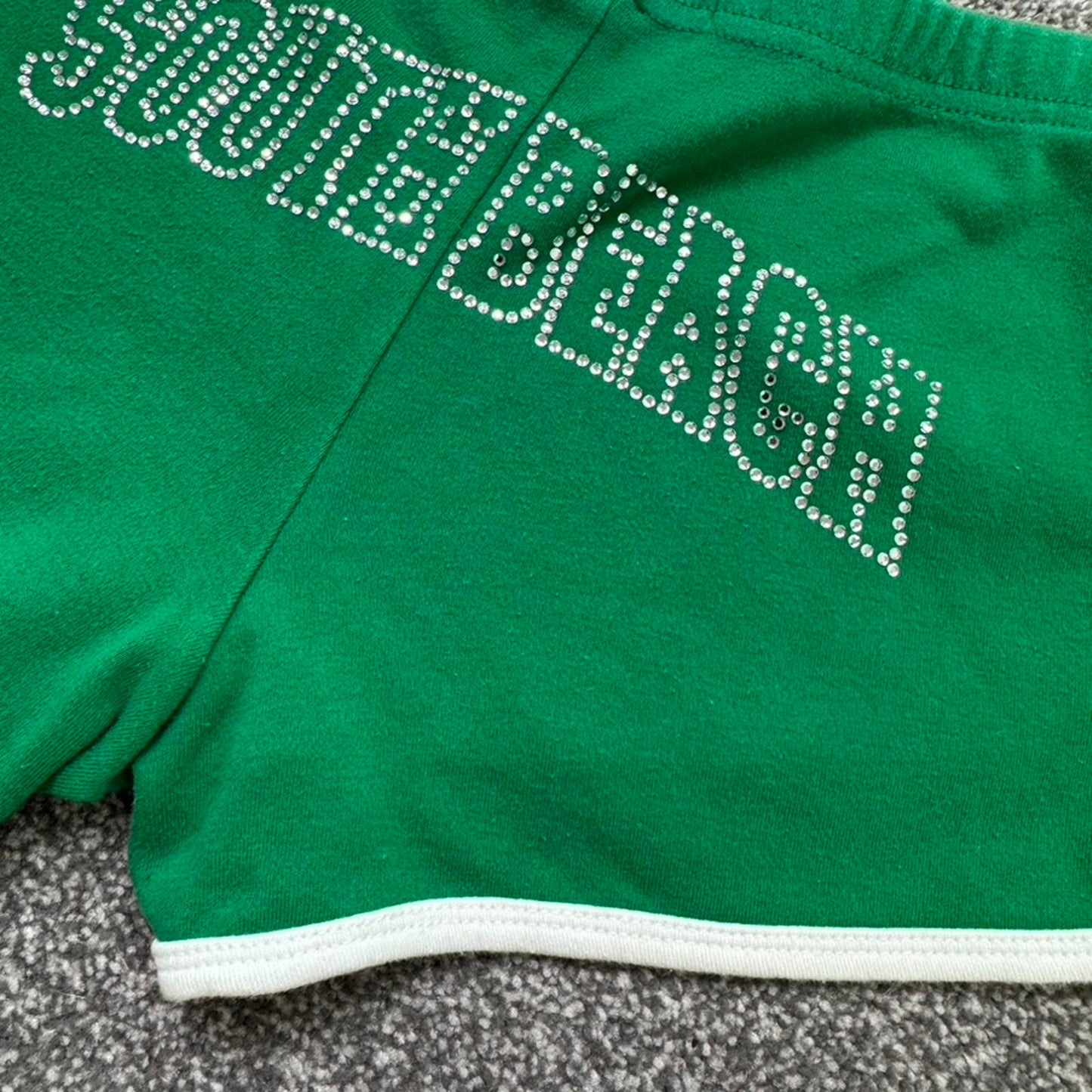 Y2K vintage low rise sporty rhinestone mini shorts jersey green white stretchy