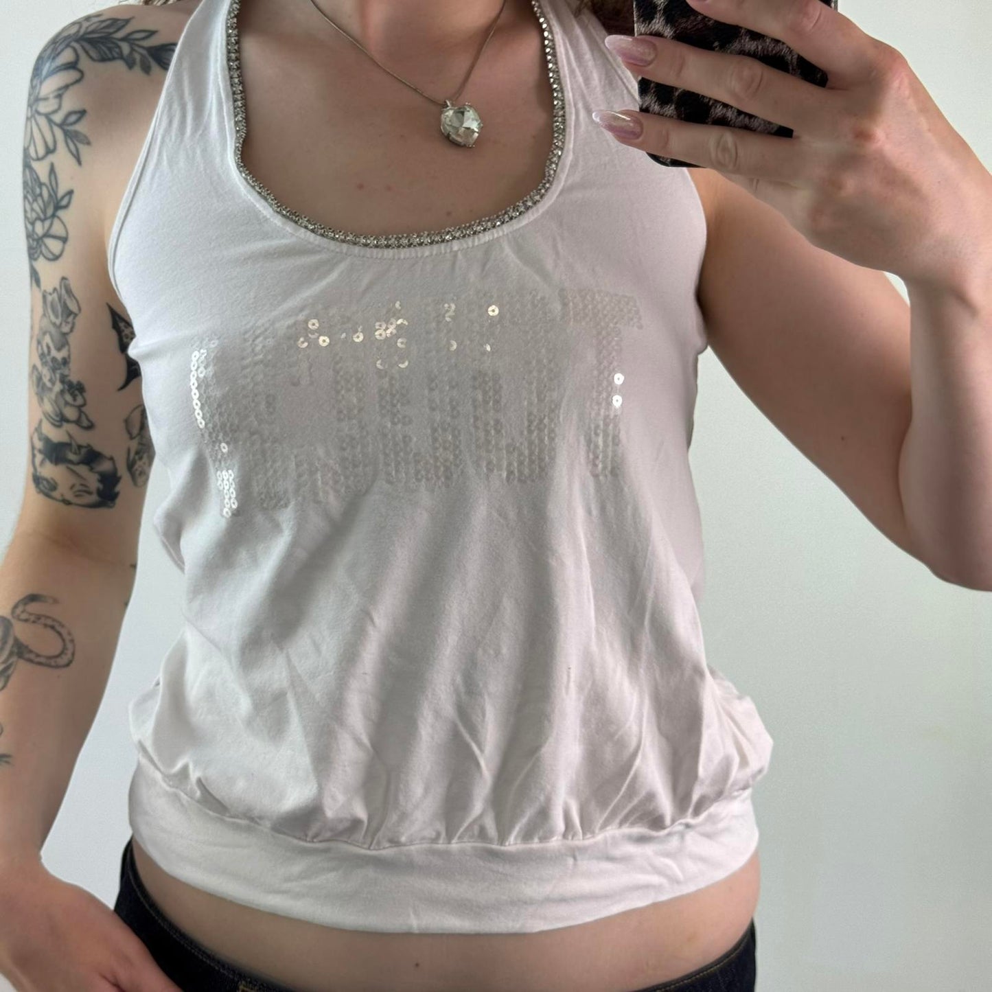 Y2K vintage cropped sequin rhinestone tank top touch slogan ruched racer back