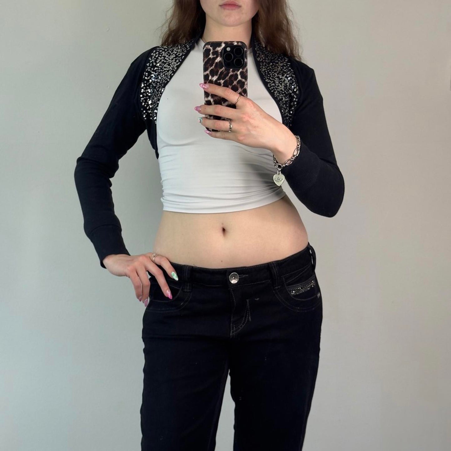 Y2K vintage black cropped cardigan bolero silver sparkly glitter long sleeve