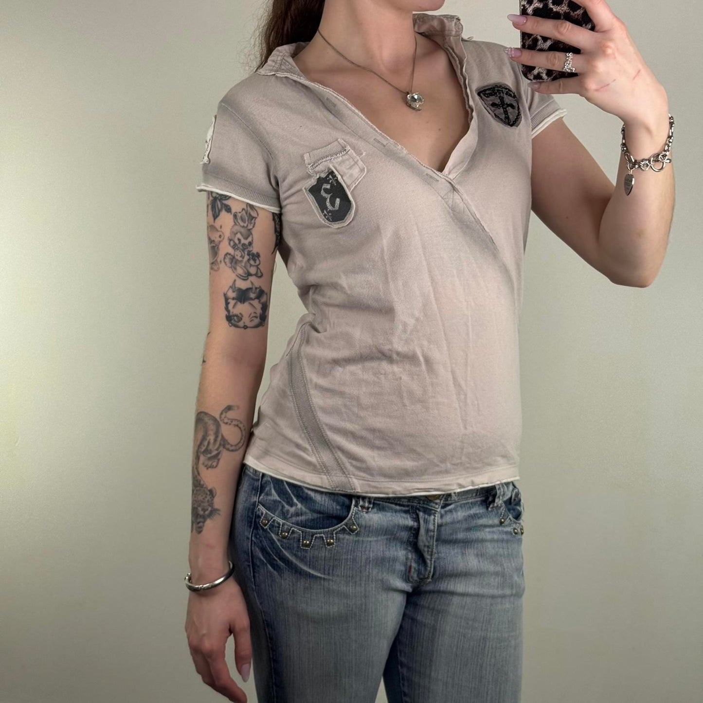 Y2K vintage River Island polo t shirt top v neck grey cross patches collared