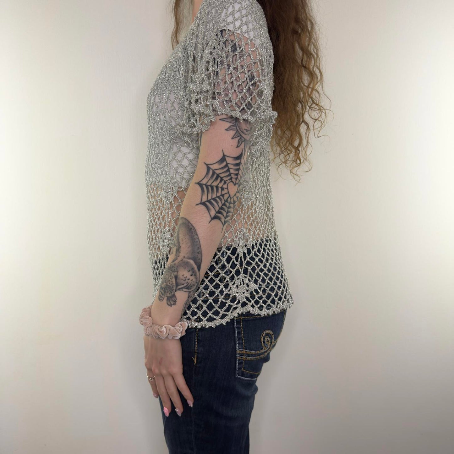 Y2K vintage crochet sparkly square neck top