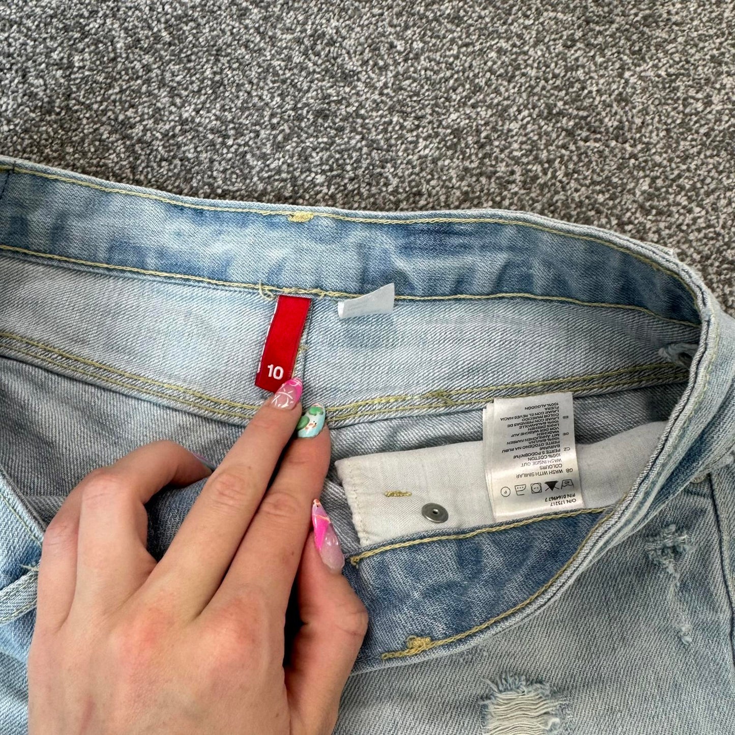 Vintage low rise light blue denim mini shorts distressed contrast stitch