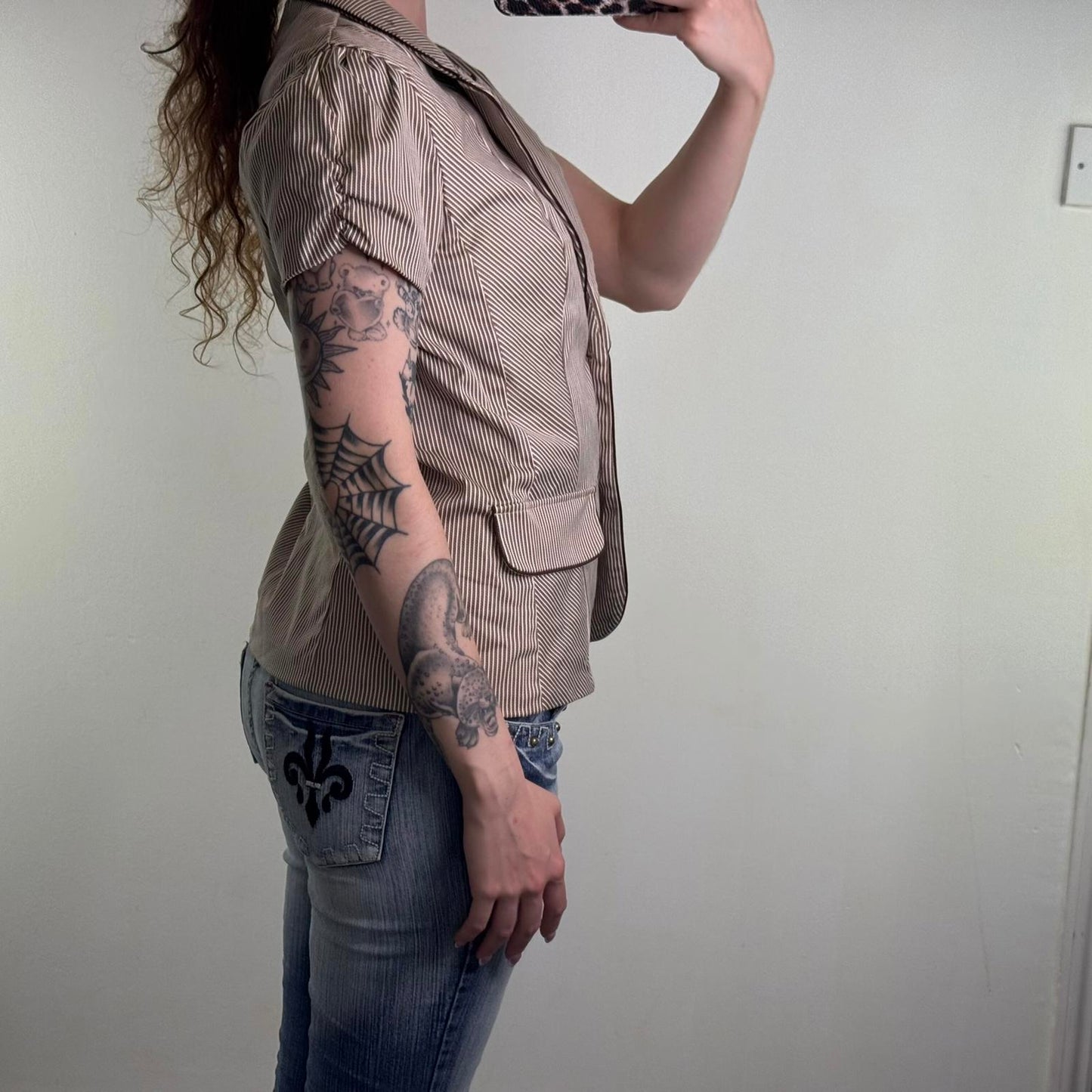 Y2K vintage short sleeve button up blazer pinstripe jacket ruched puff pea coat