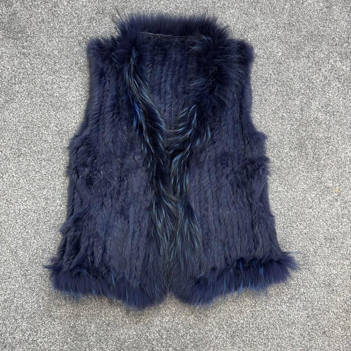 Genuine fur rabbit/ raccoon sleeveless jacket gilet v neck blue