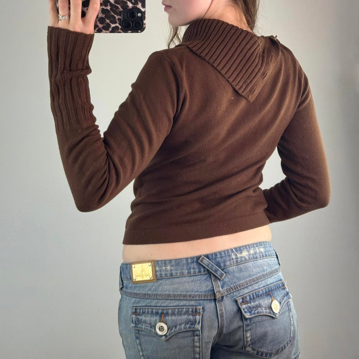 Y2K vintage fine knit roll neck jumper lightweight buttons ribbed brown