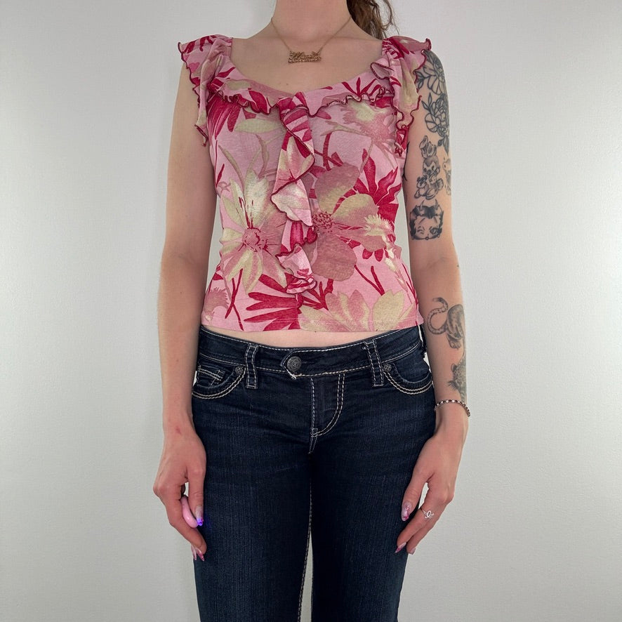 Y2K vintage Jane Norman mesh frill floral top