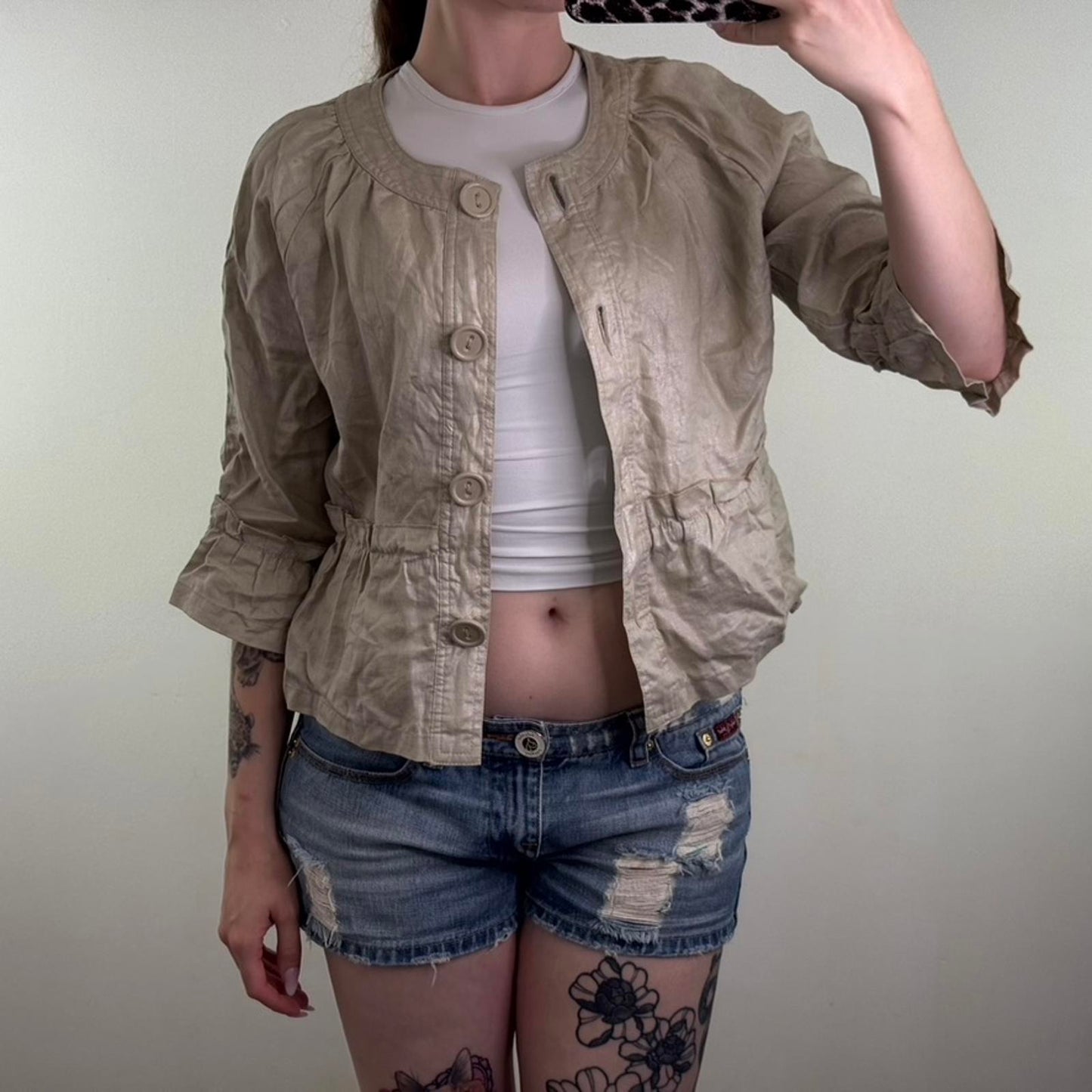 Y2K vintage 100% pure linen lightweight button up jacket short length 3/4 sleeve