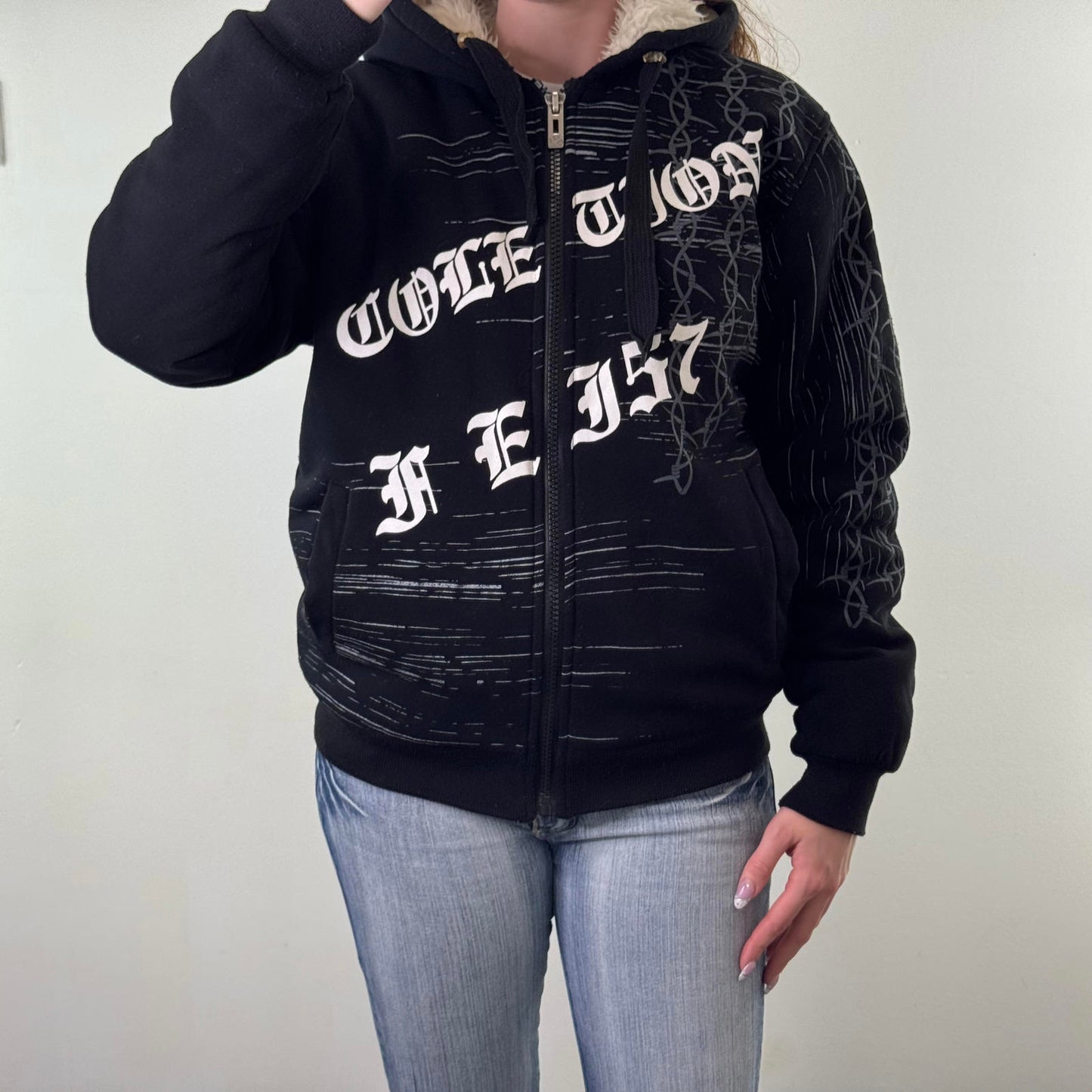 90s Y2K vintage faux fur lined zip up thick hoodie tribal text oversized chunky