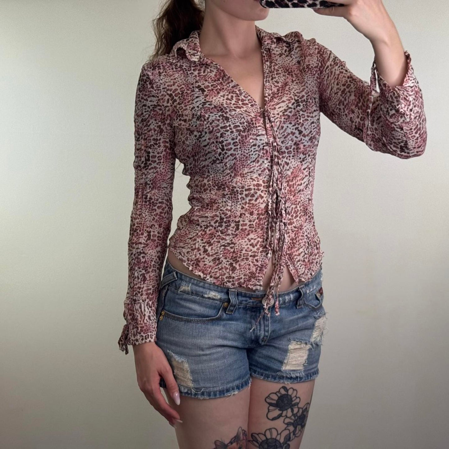 Y2K vintage Per Una leopard print long sleeve blouse shirt crinkle bow v neck