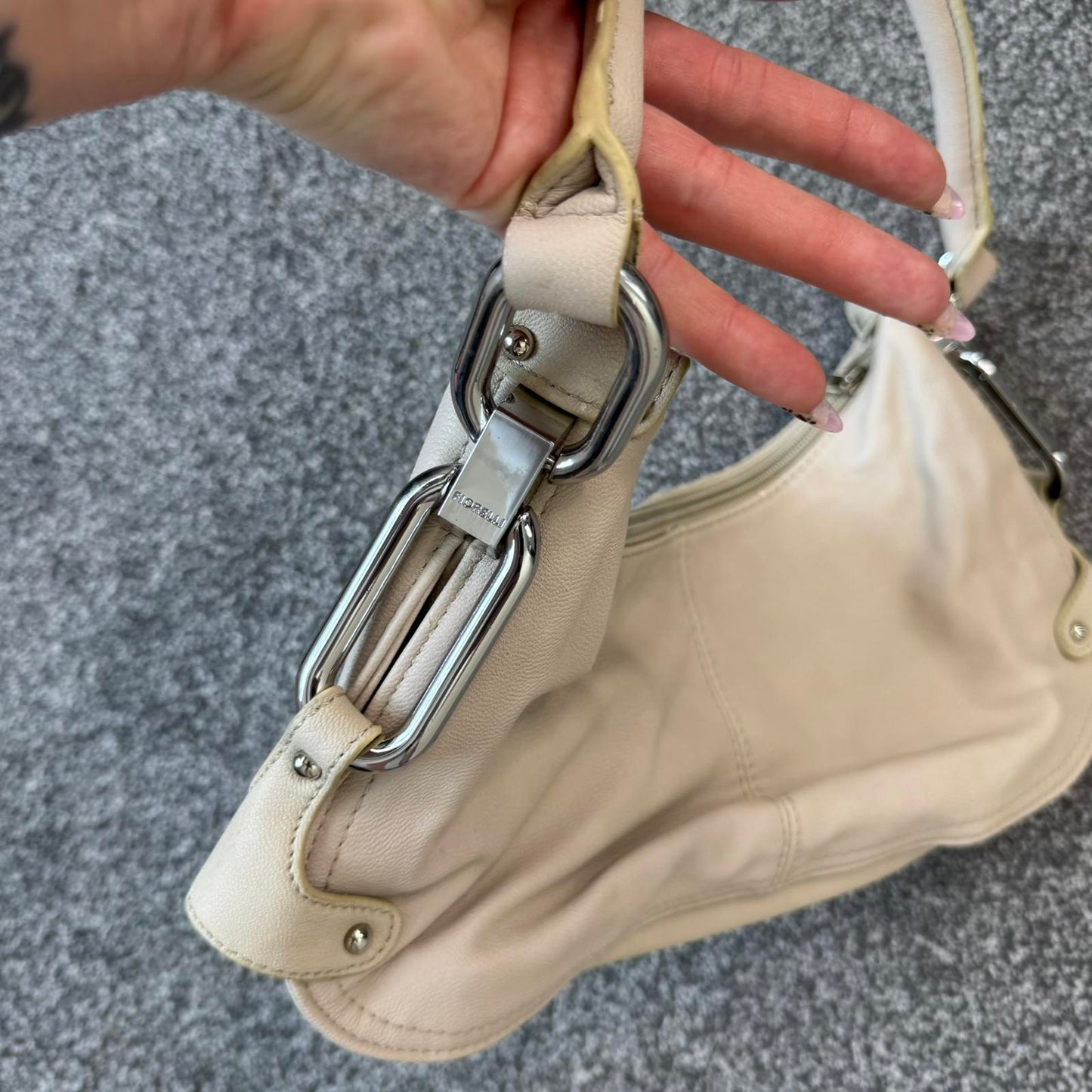 Y2K vintage Fiorelli faux leather mini shoulder bag buckle studded cream silver
