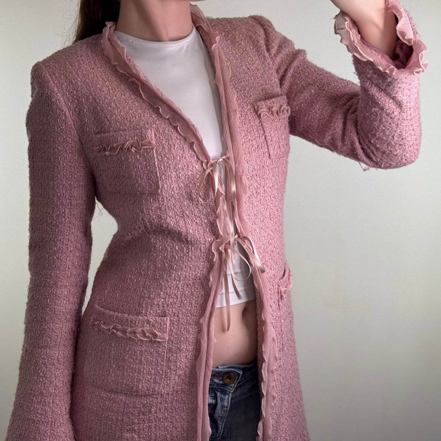 Y2K vintage wool blend long trench coat shoulder pads frill pink bow tweed