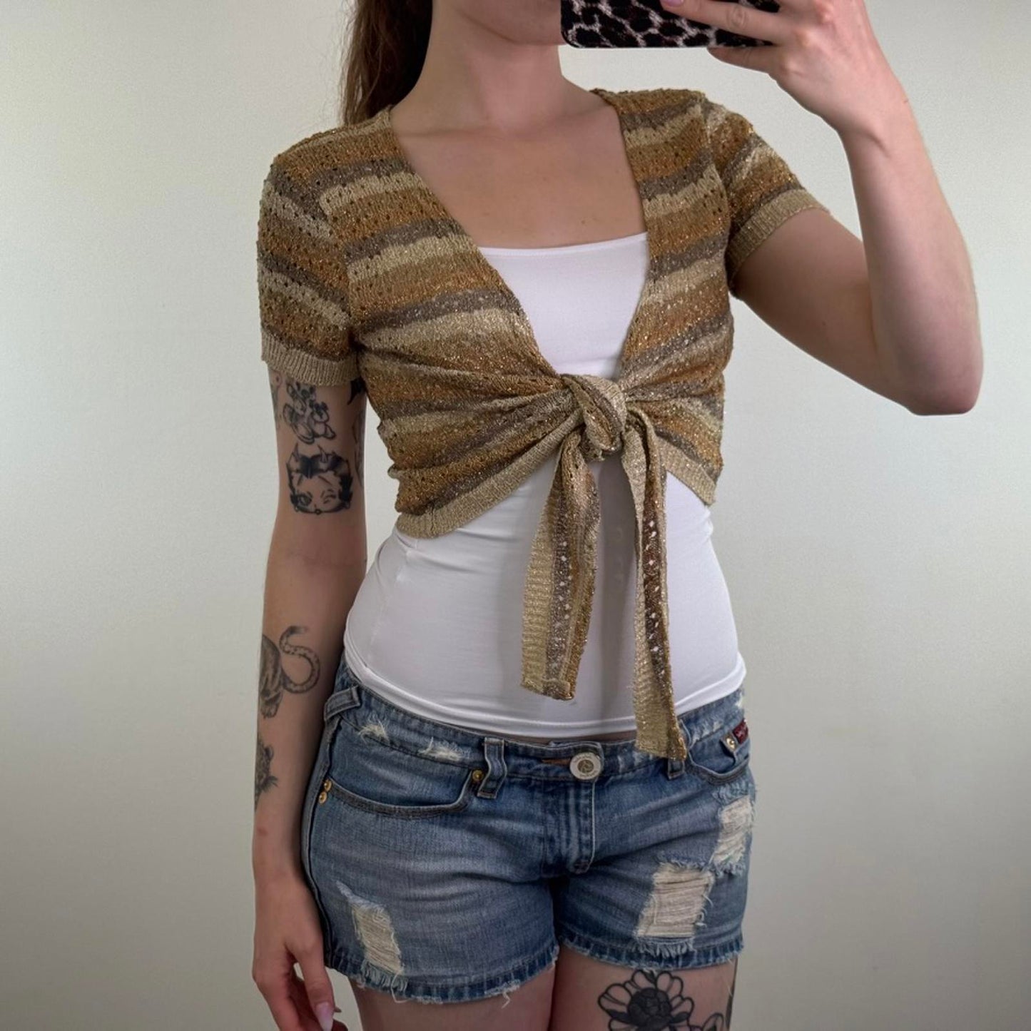 Y2K vintage Bay cropped tie bow front cardigan sparkly glitter stripe gold