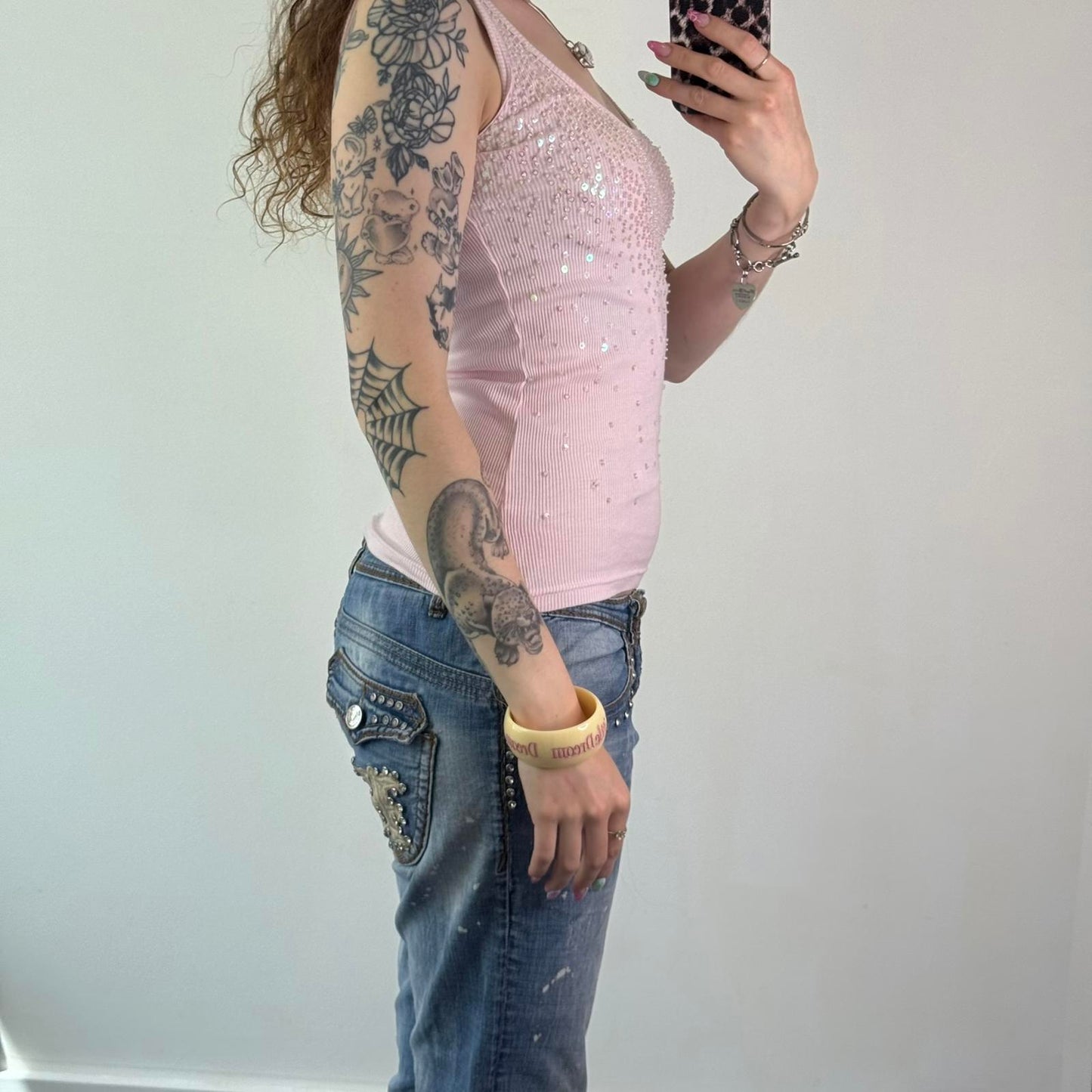 Y2K vintage sequin beaded embellished ribbed tank top round neckline baby pink