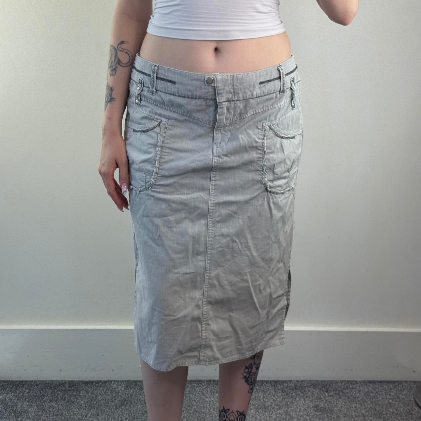 Y2K vintage denim cargo midi skirt grey contrast stitch