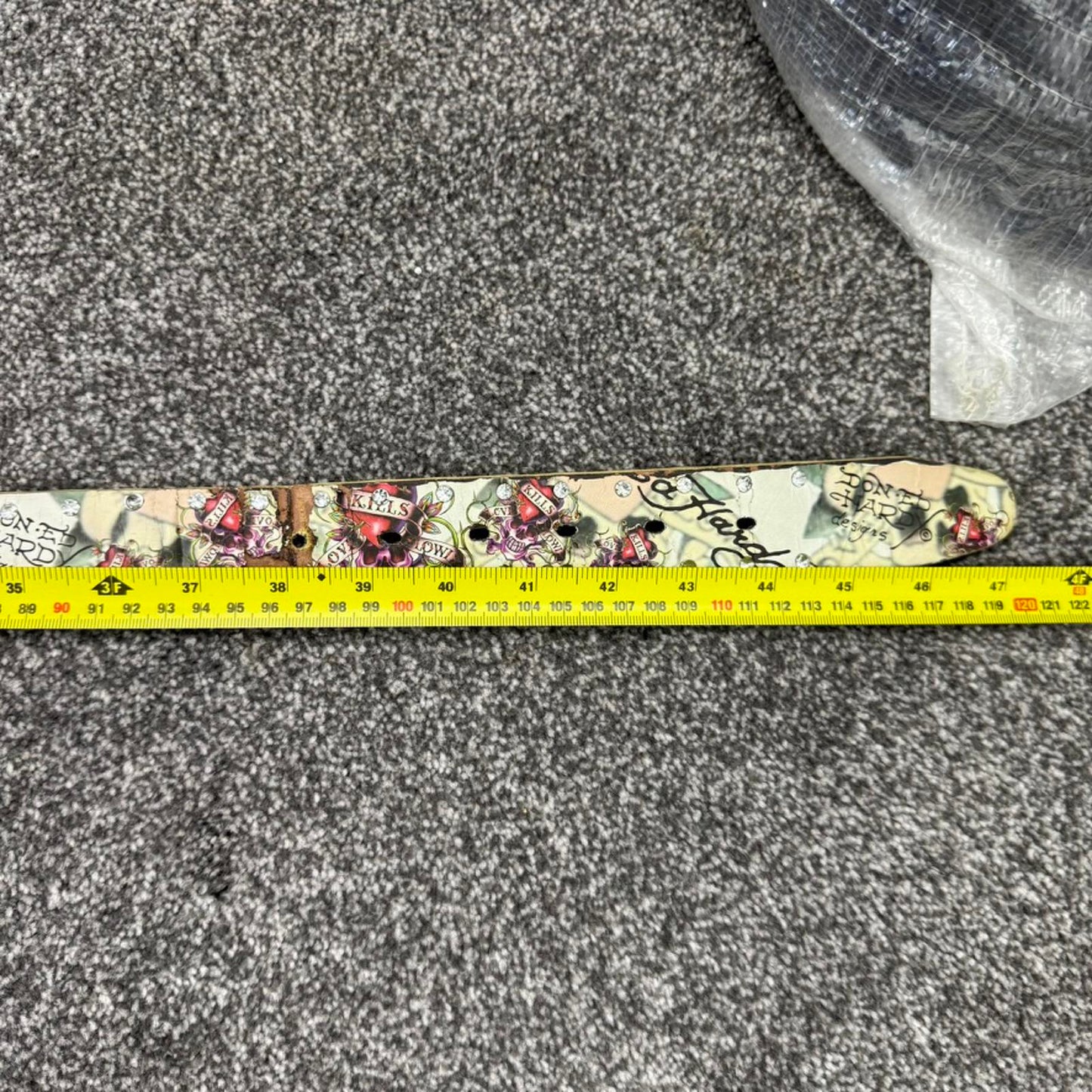 Y2K vintage Ed Hardy faux leather rhinestone belt silver buckle skull heart