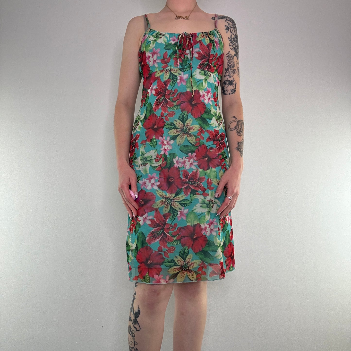 Y2K mesh floral hibiscus lily bow summer midi dress