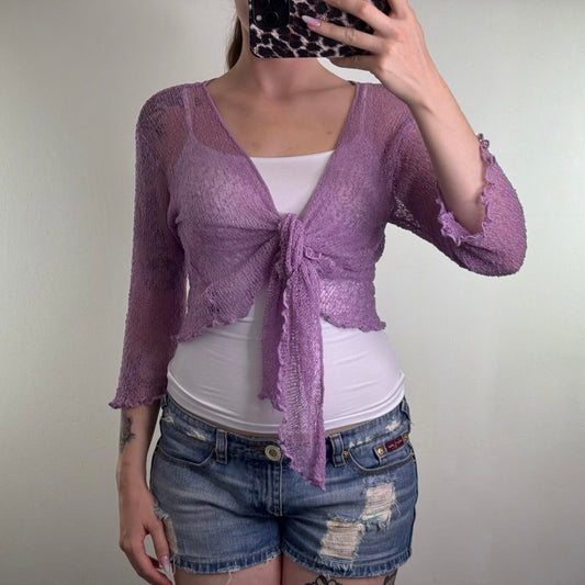 Y2K vintage fine knit cardigan tie front bow 3/4 sleeve sheer lilac shrug