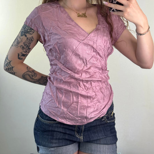 Y2K vintage floral side bow blouse short sleeve top v neck pattern