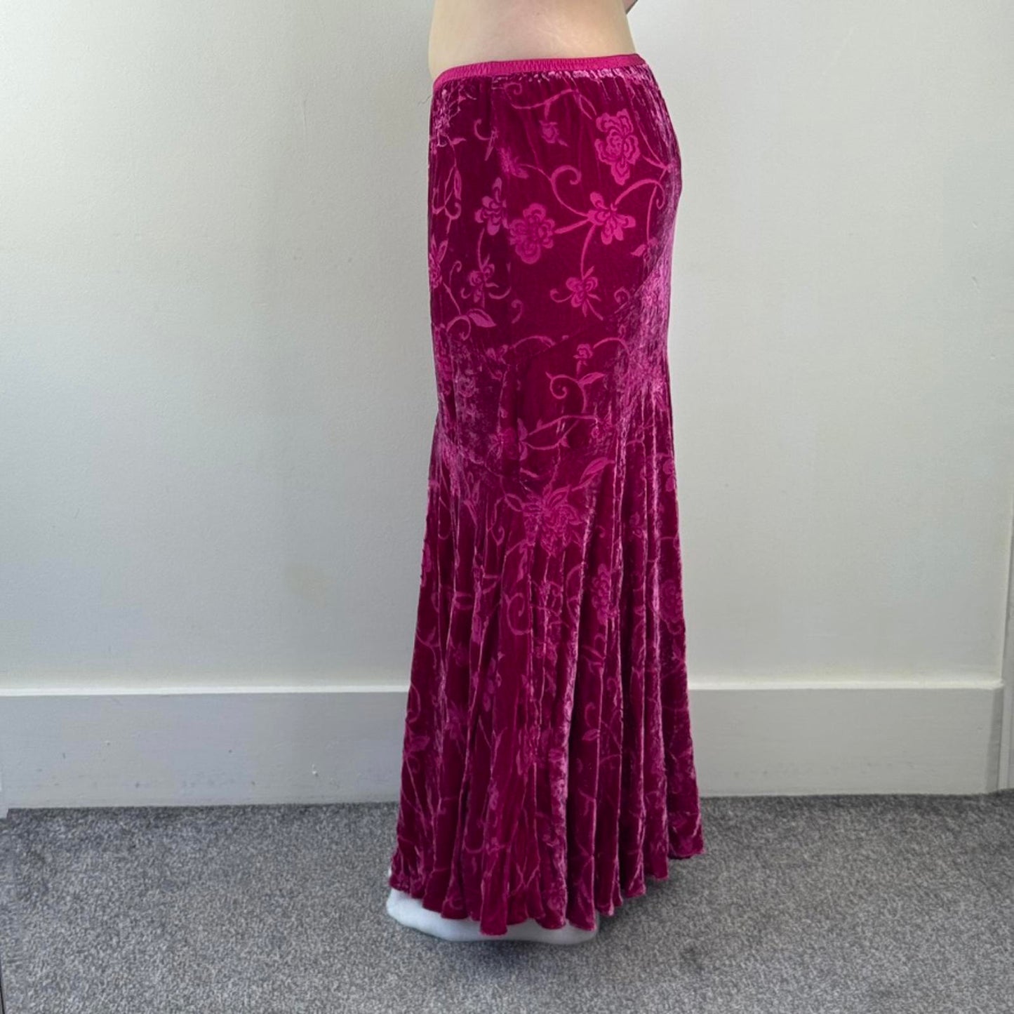Y2K vintage part silk velour maxi skirt floral a line hot pink stretchy lined