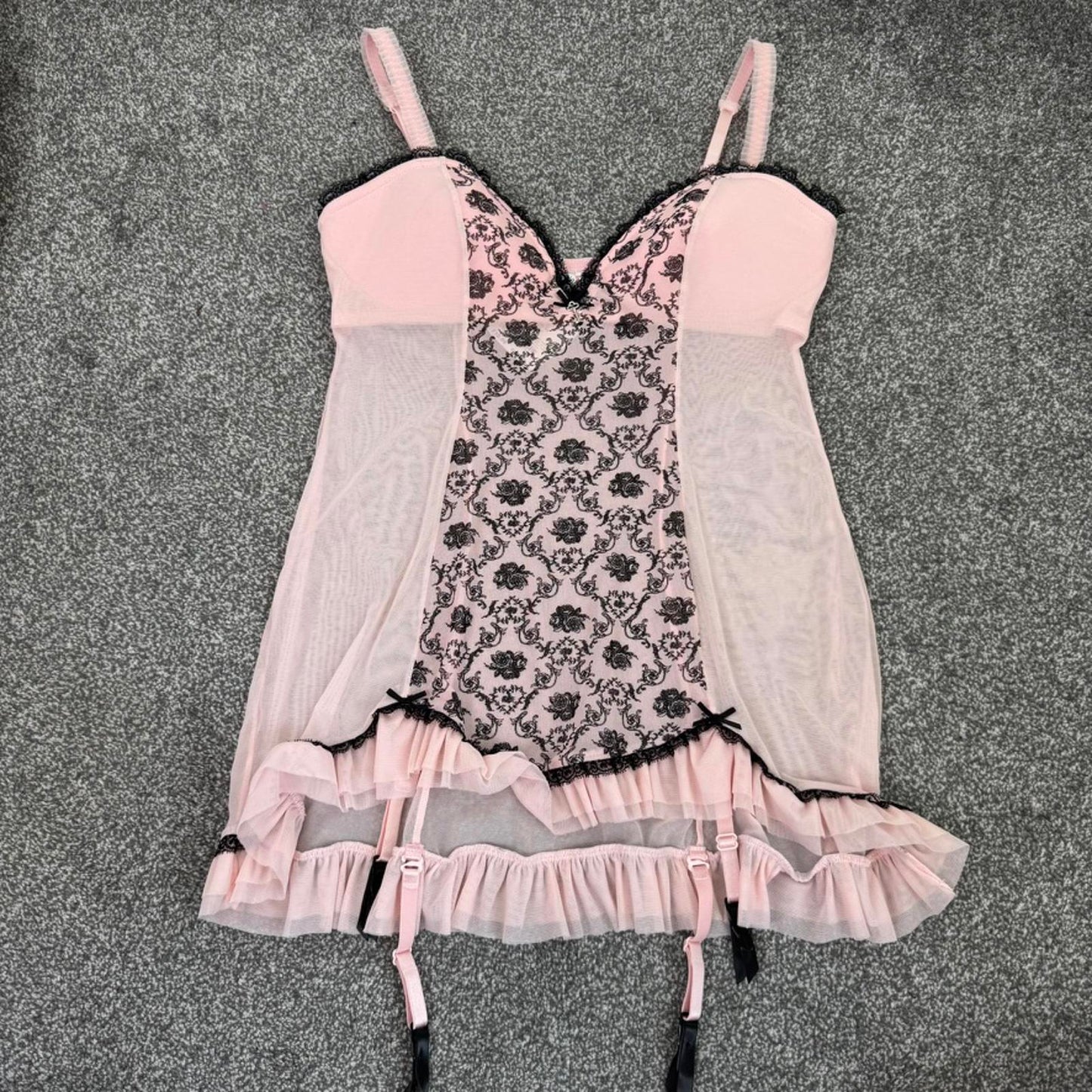 Y2K vintage Ann Summers mesh babydoll filigree baby pink black with suspenders