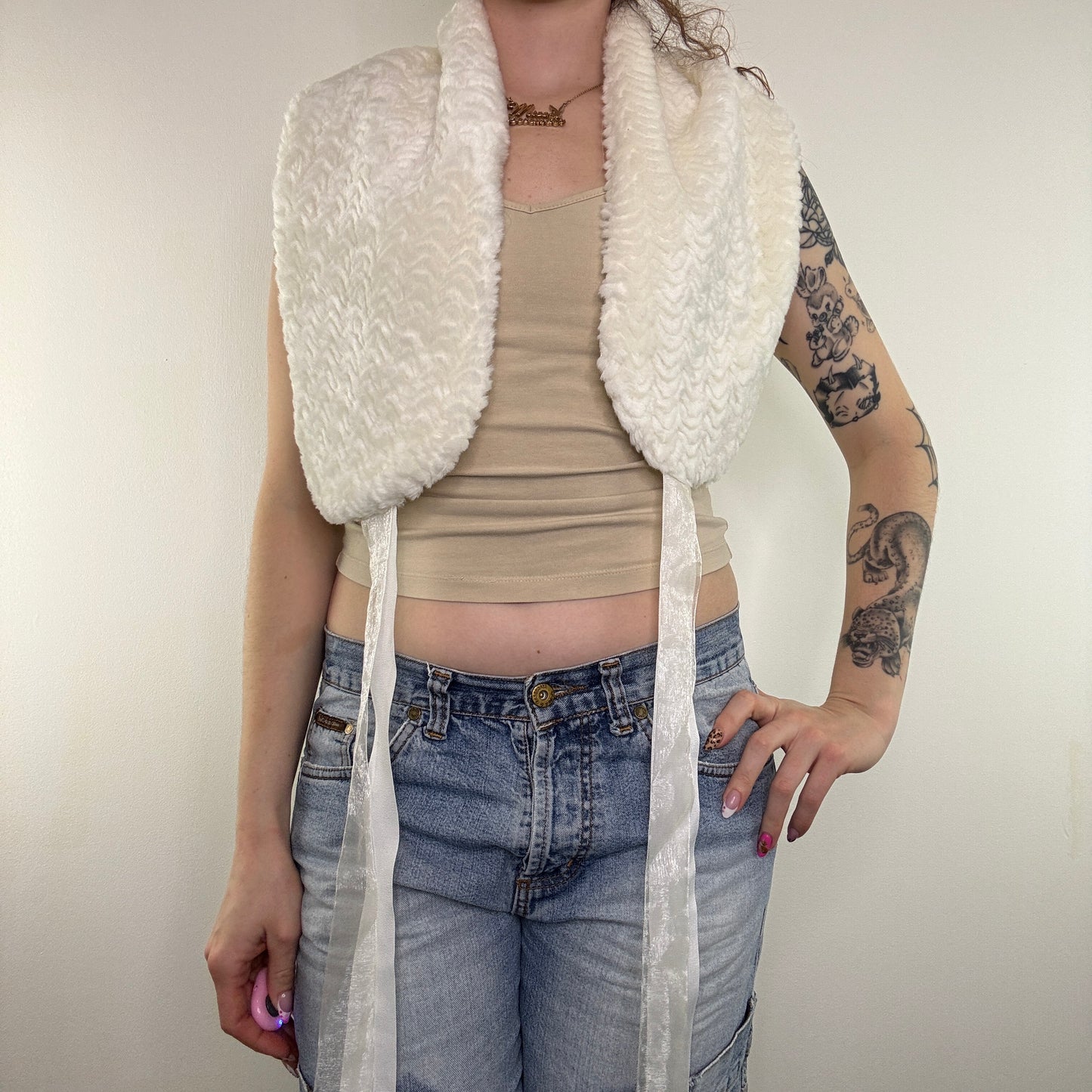 Y2K vintage white faux fur shawl cover up bow