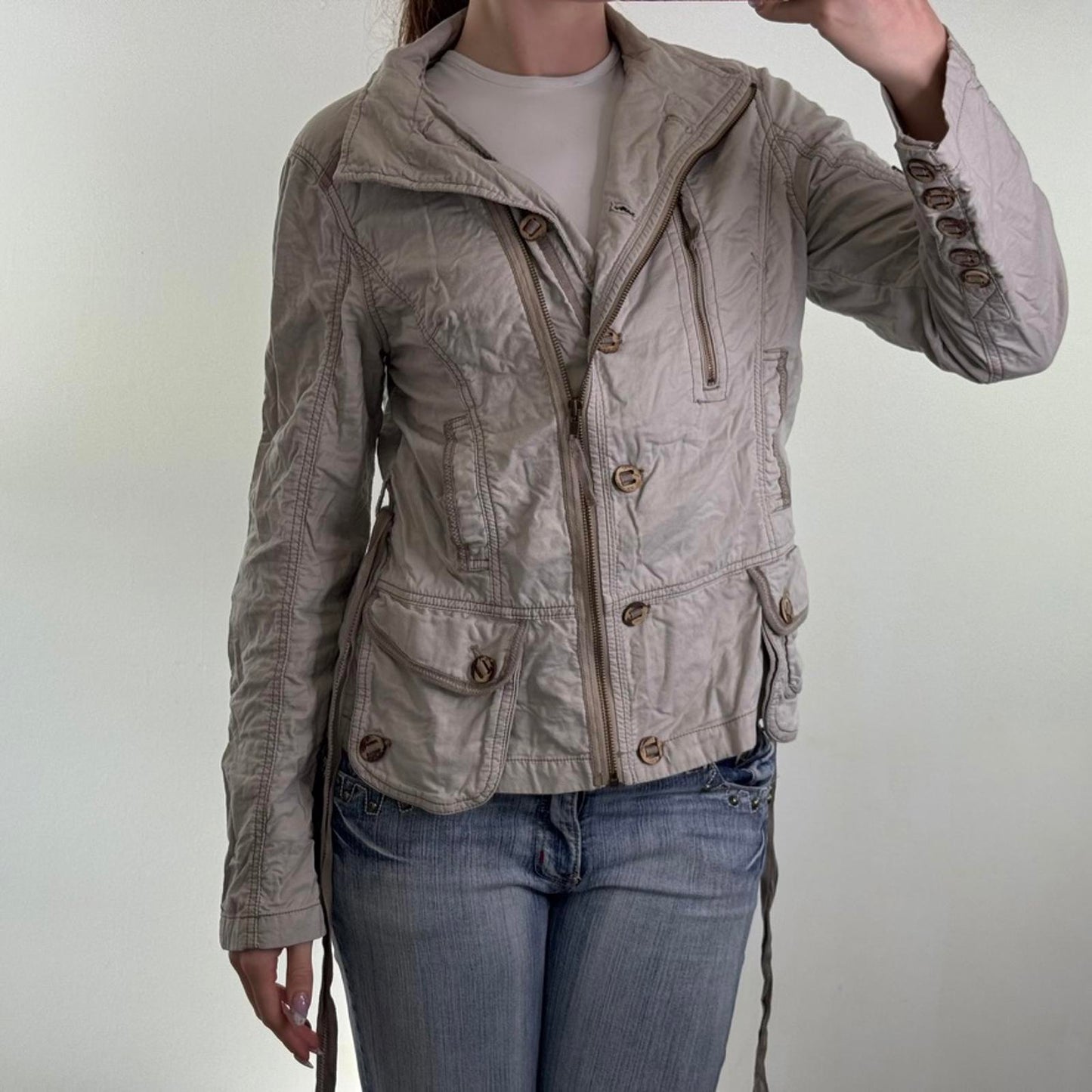 Y2K vintage lightweight button up jacket funnel high neck zip buttons tie belt