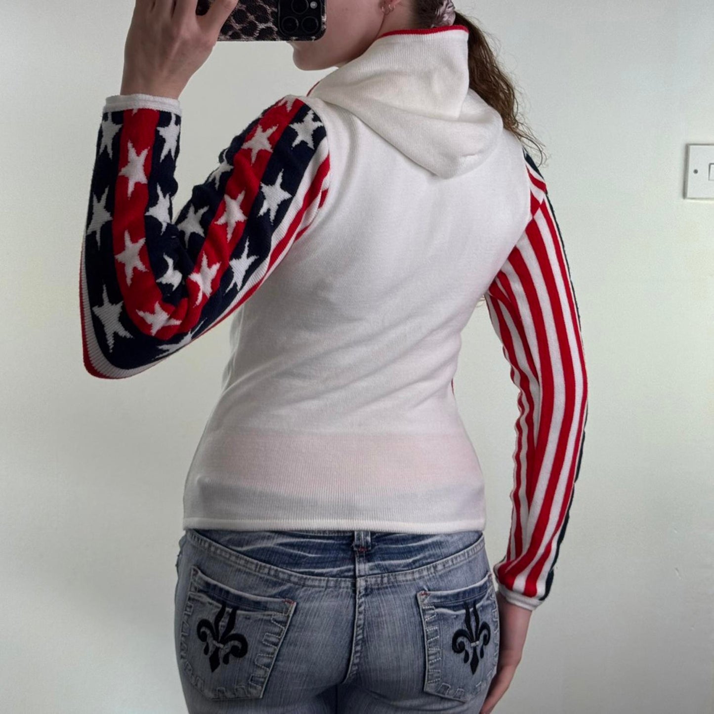 Y2K vintage USA zip up hoodie America star stripe knitted knit blue red white