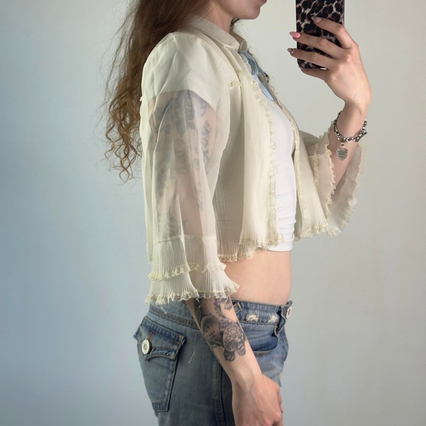 Y2K vintage lingerie bed night cardigan sheer frilly bow flare sleeve coquette