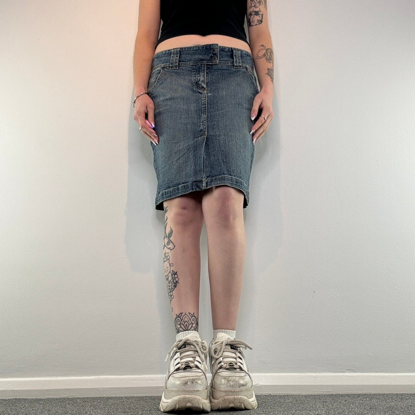 Y2K buckle denim midi skirt