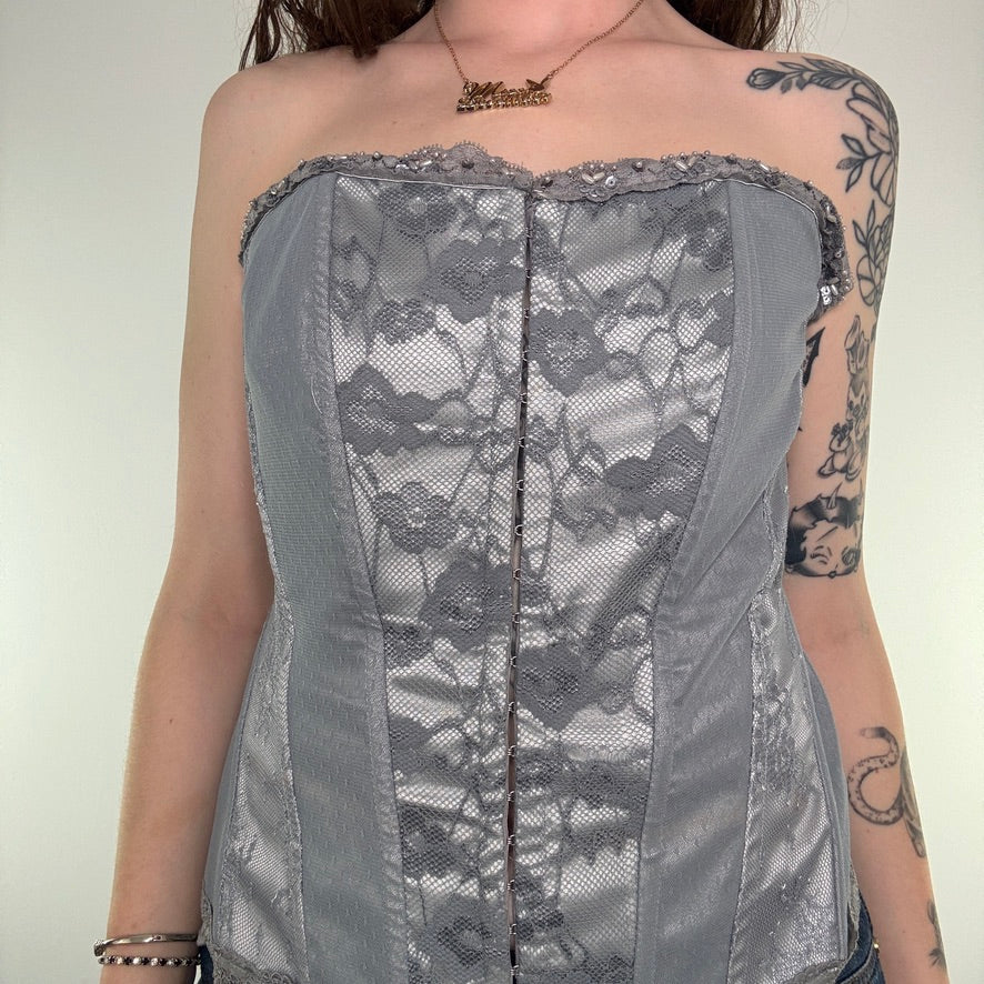 Y2K vintage sequin hook and eye lace up boned bustier top