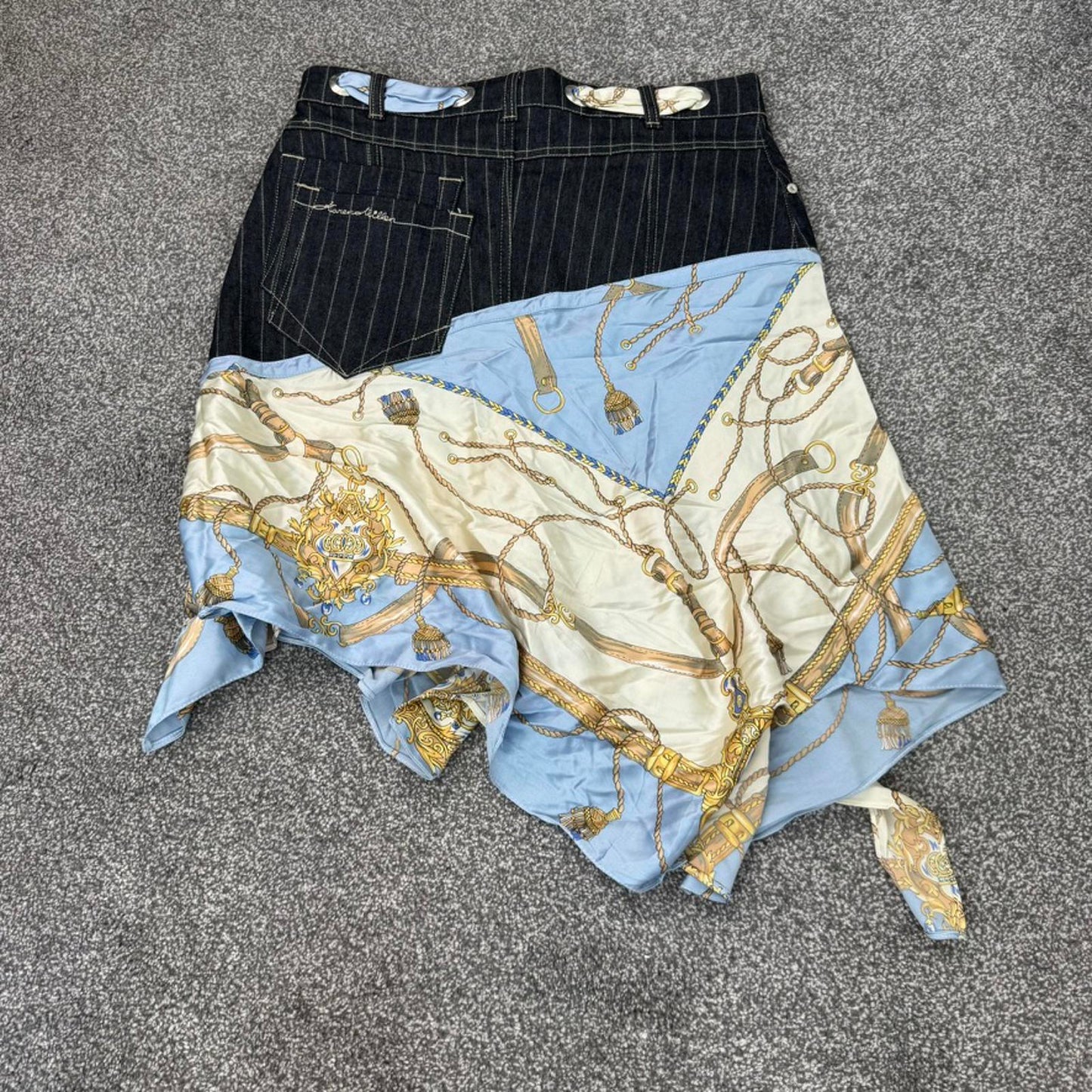 Y2K vintage Karen Millen denim pinstripe silk midi skirt asymmetrical ruffle