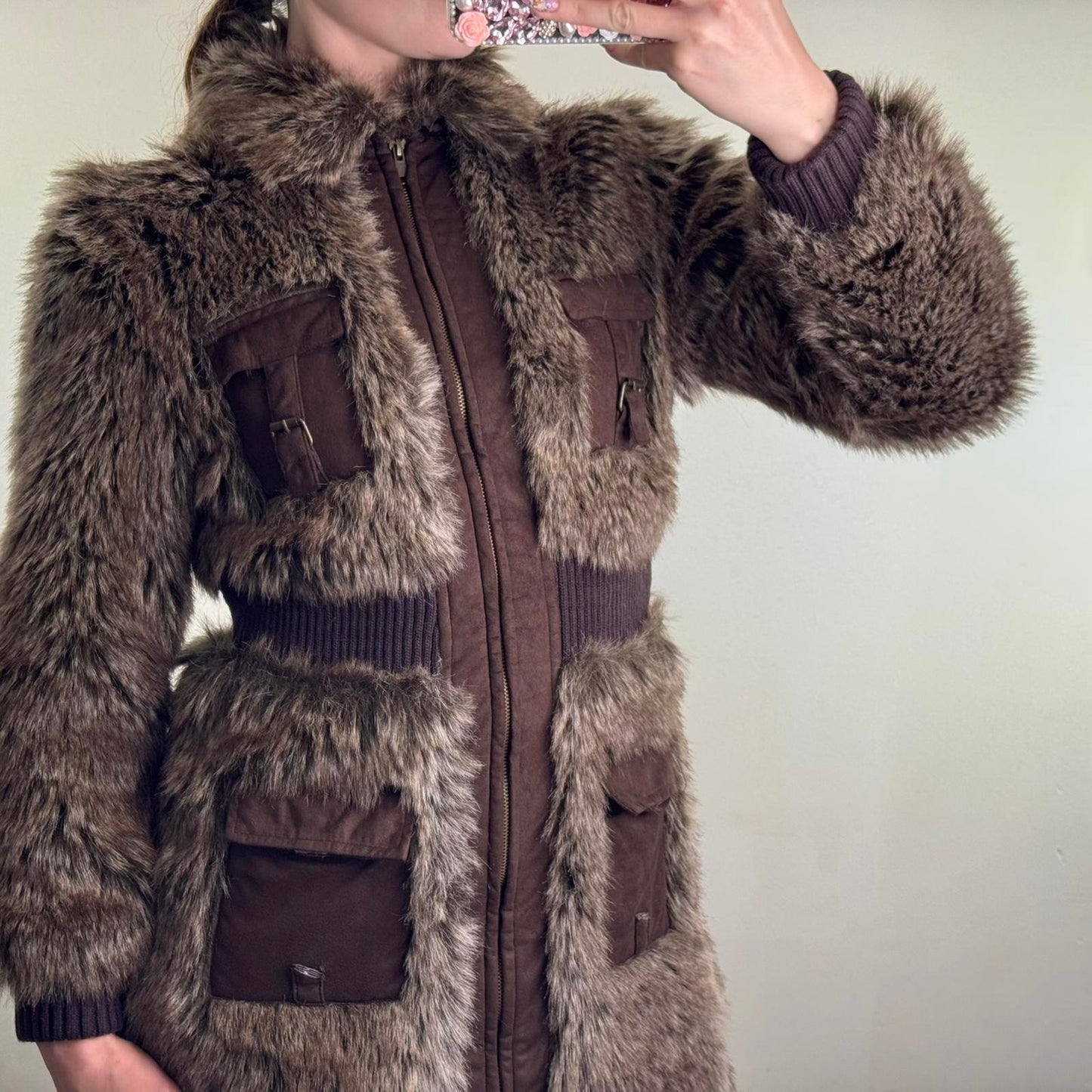 Y2K vintage faux fur long zip up coat cargo pocket faux suede ribbed cuffs