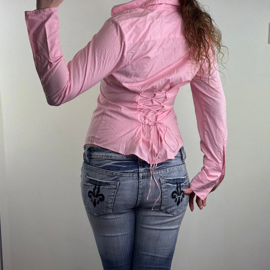 Y2K vintage lace up back long sleeve button shirt baby pink curved hem tailored