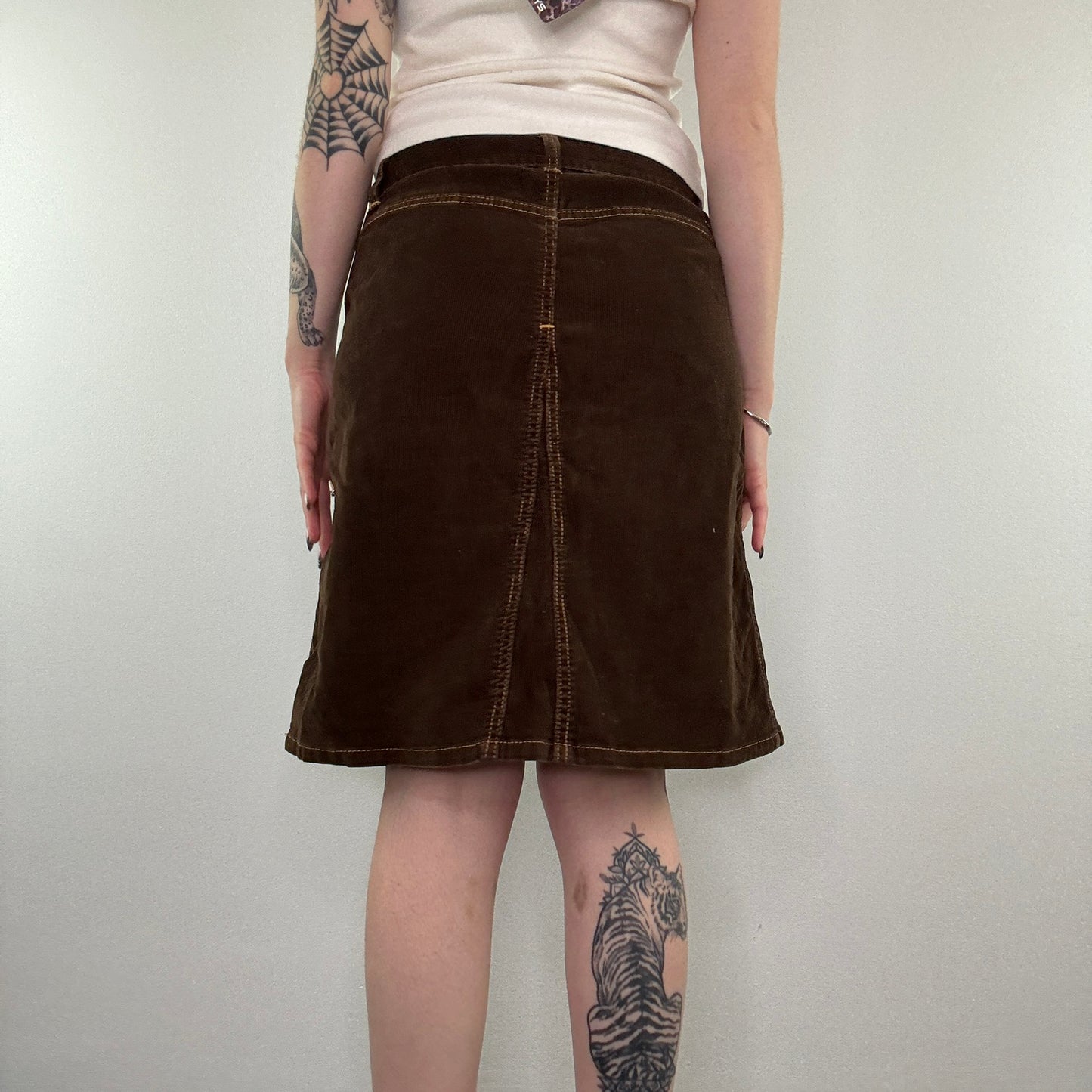 Y2K corduroy contrast stitch midi skirt