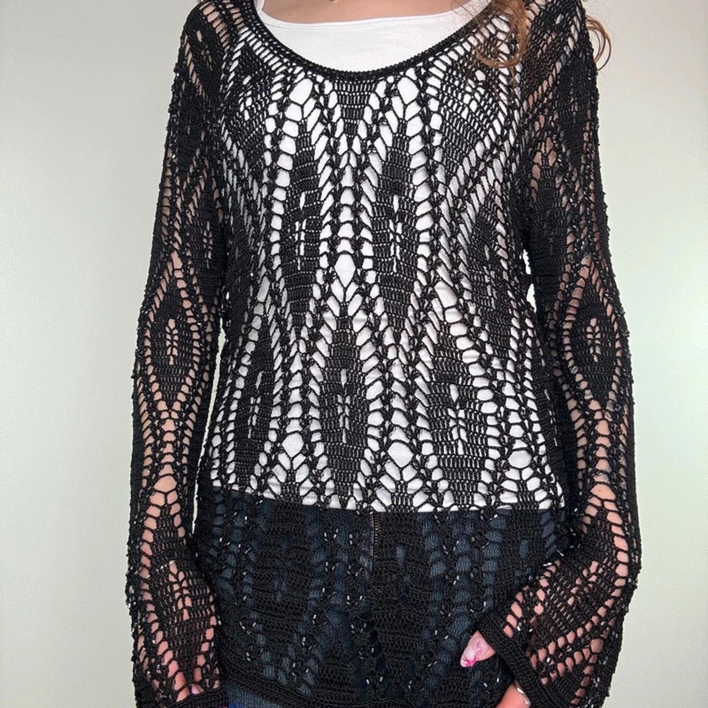 Y2K vintage crochet flared long sleeve top round neck sheer beaded black