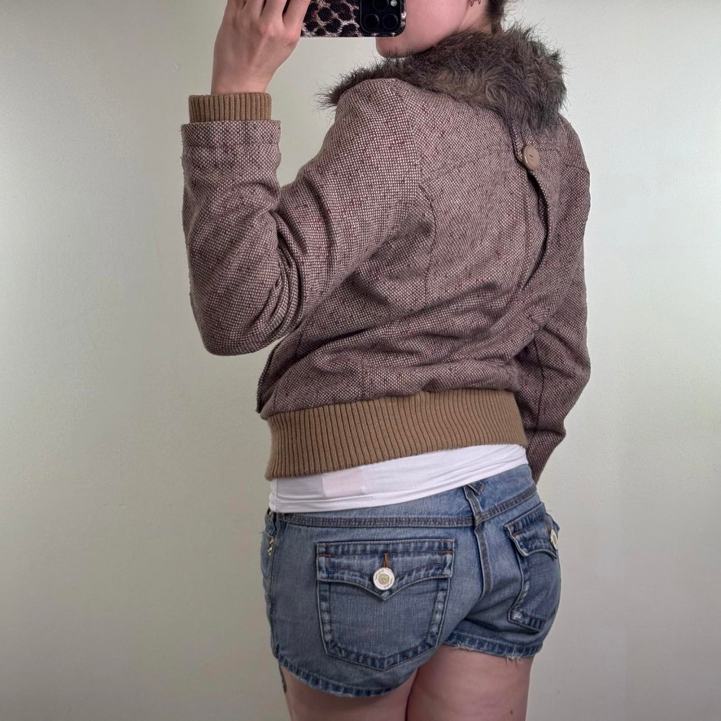 Y2K vintage tweed wool blend button up coat winter jacket faux fur trim collar