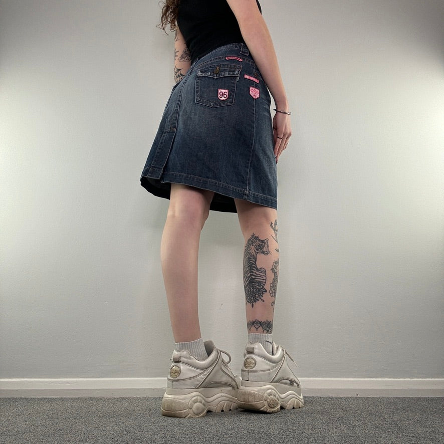 Y2K cargo patches denim midi skirt