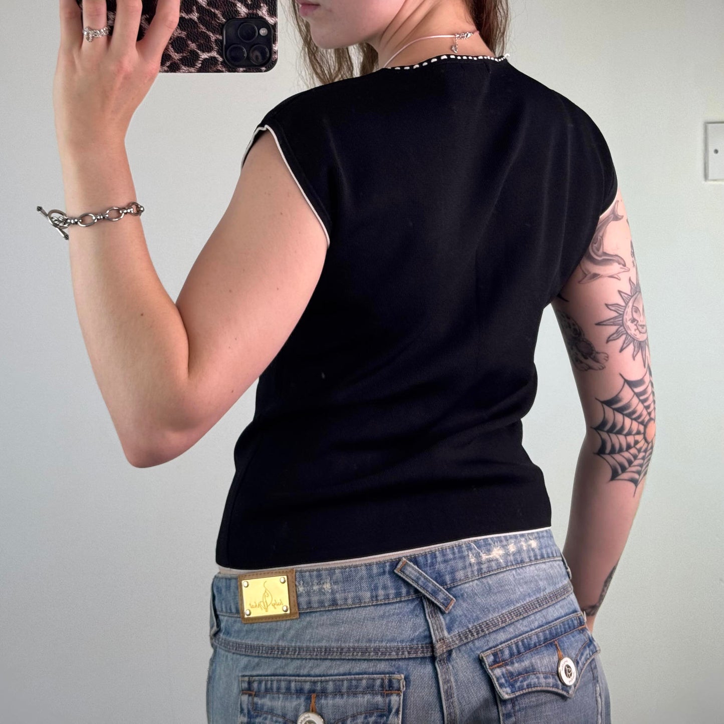 Y2K vintage contrast stitch knitted baby tee style top cap sleeve fitted stretch