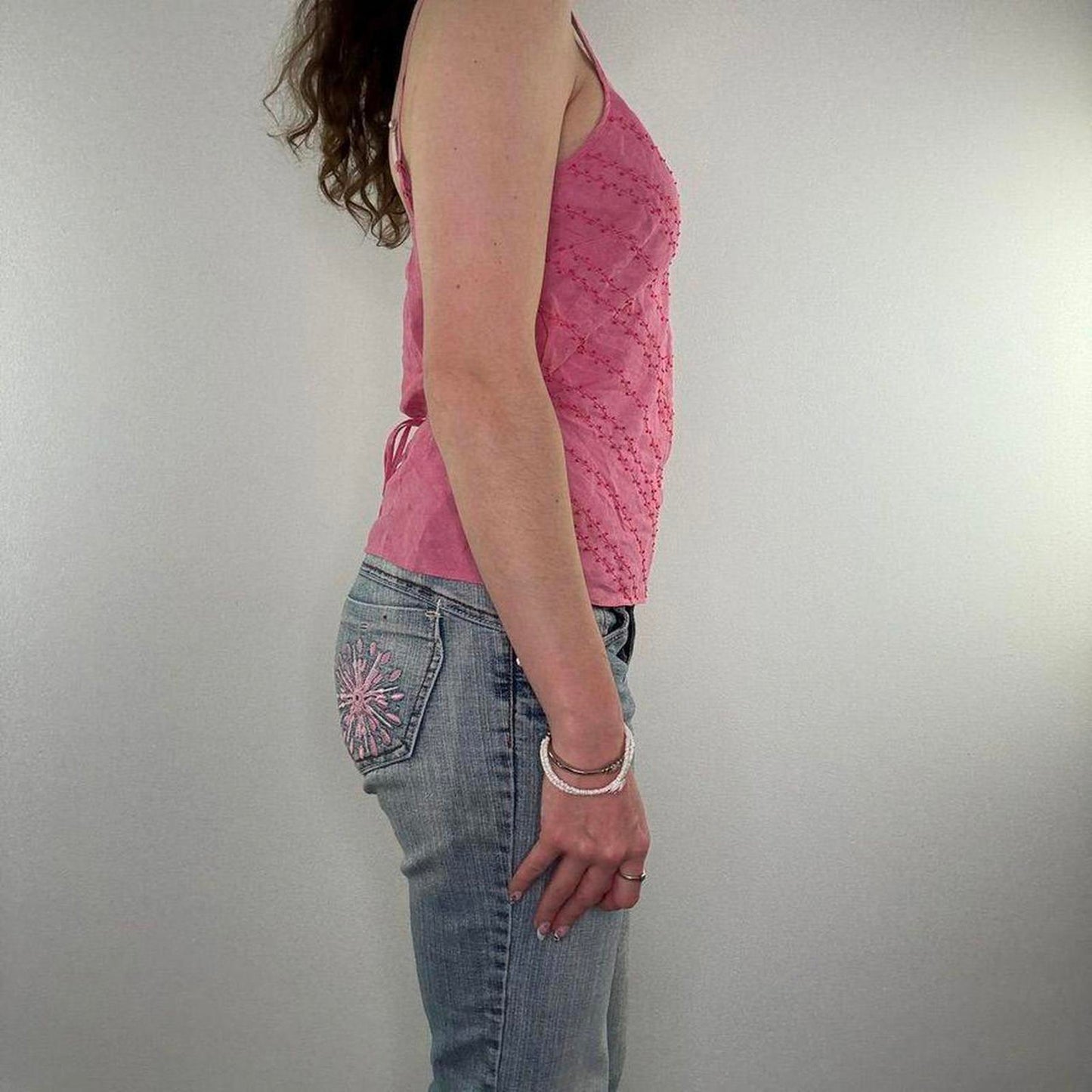 Y2K vintage 100% linen cami top adjustable bow beaded embroidered stripes v neck