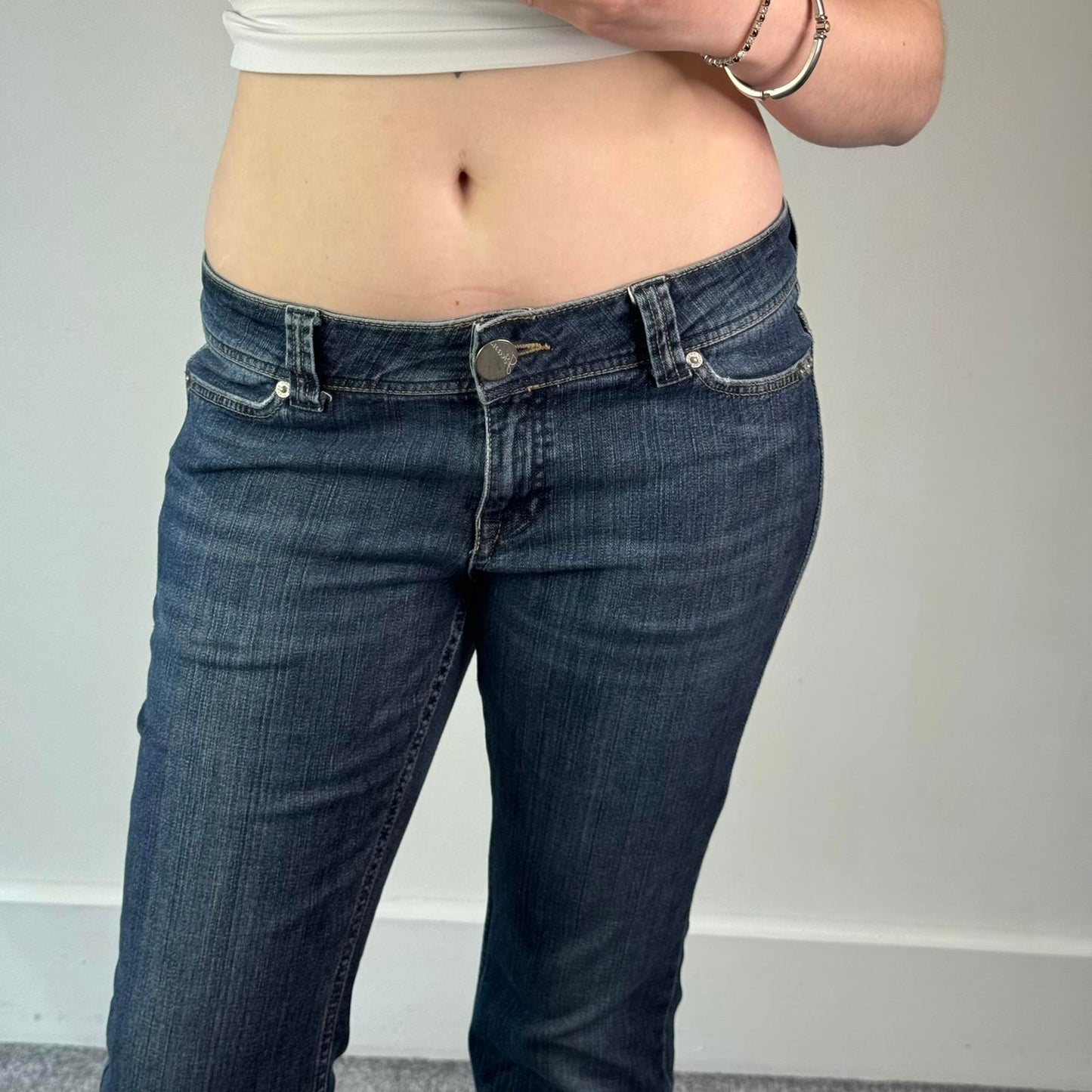 Y2K vintage low rise bootcut jeans dark denim embellished pockets mcbling