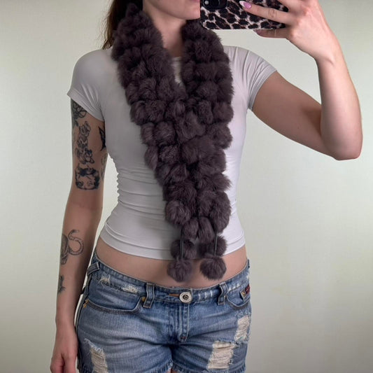 Genuine 100% real fur scarf pom poms brown lapin soft
