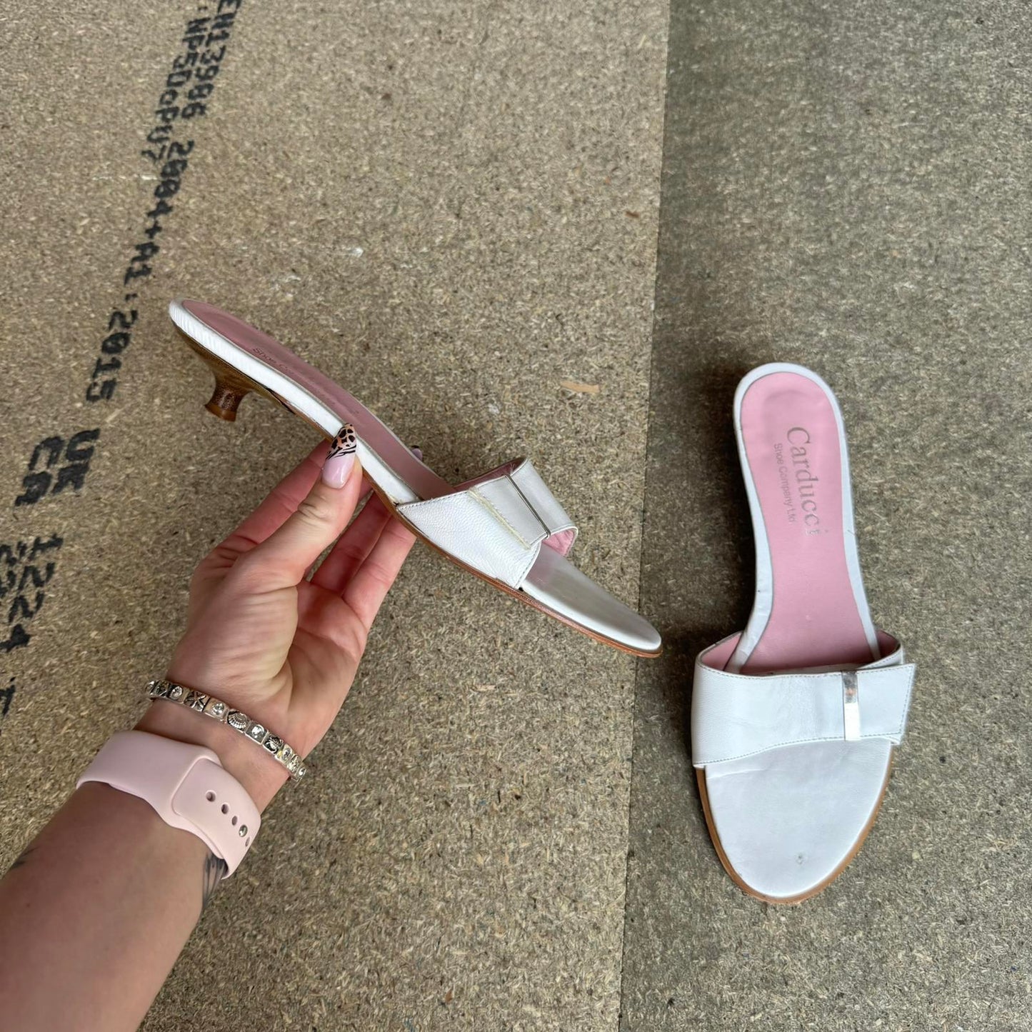 Y2K vintage genuine leather kitten wooden heel mule sandal slip on silver buckle