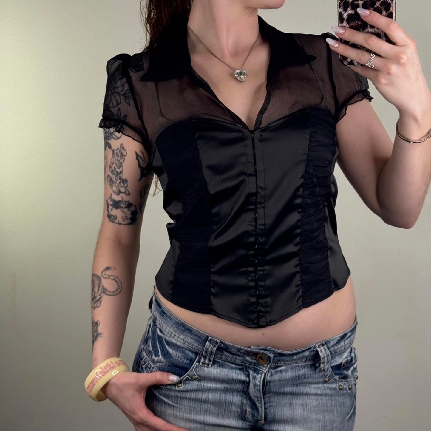 Y2K vintage silk blouse short sleeve hook eye v neck ruched sheer frill black