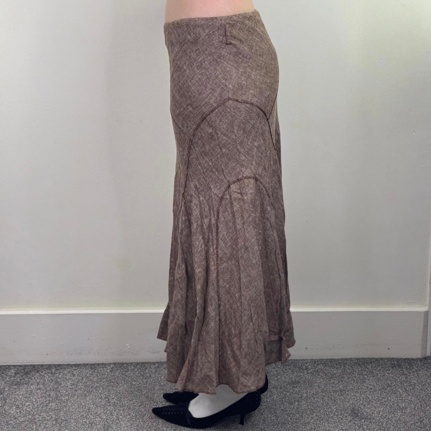 Y2K vintage linen blend maxi skirt a line light brown overlock stitch