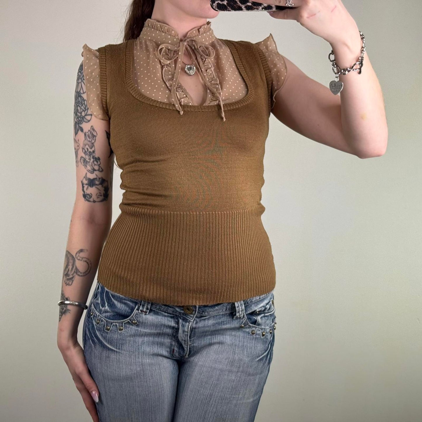 Y2K vintage fine knitted blouse sleeveless polka dot frill high neck