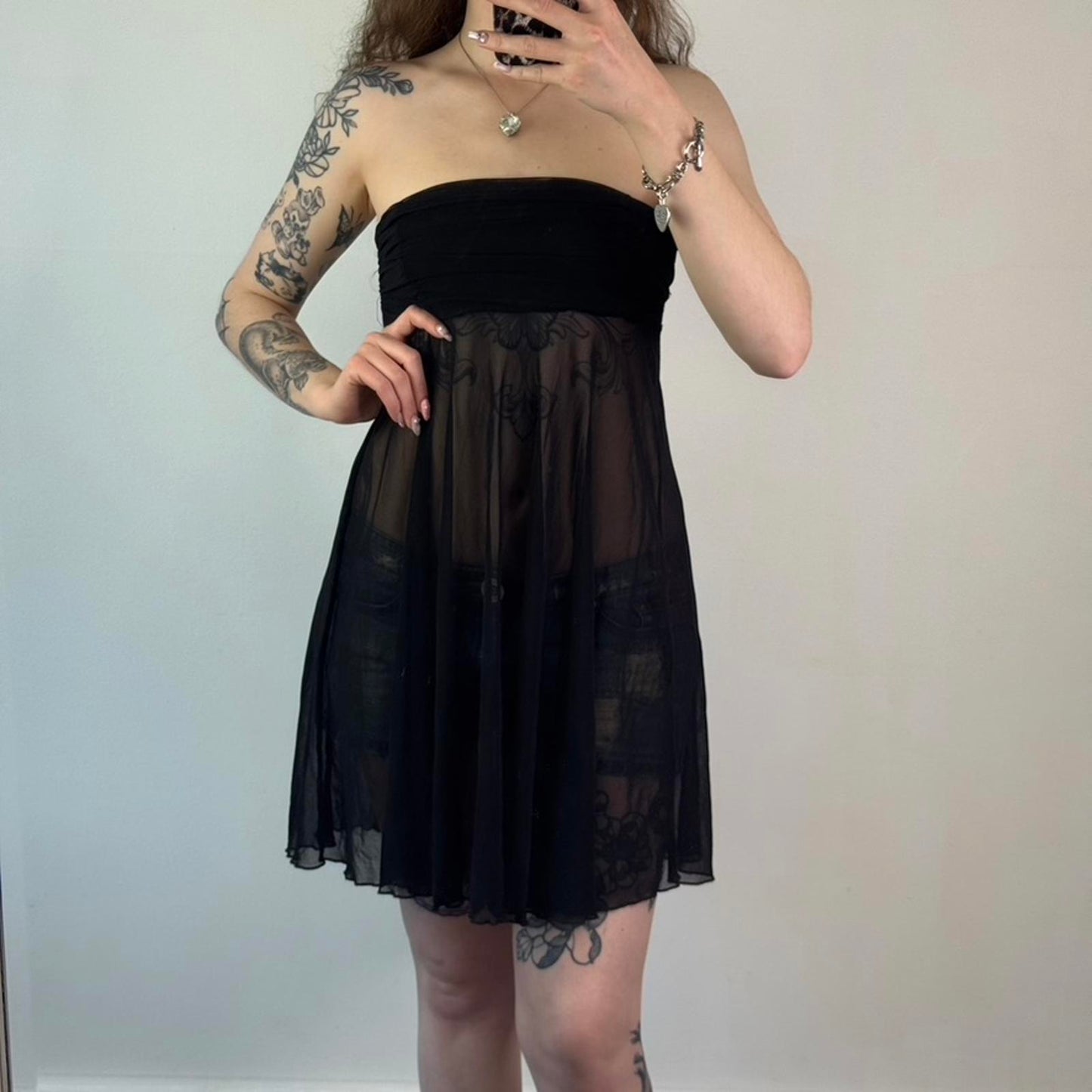 Y2K vintage strapless mesh longline top / mini dress tie back bow sheer ruched