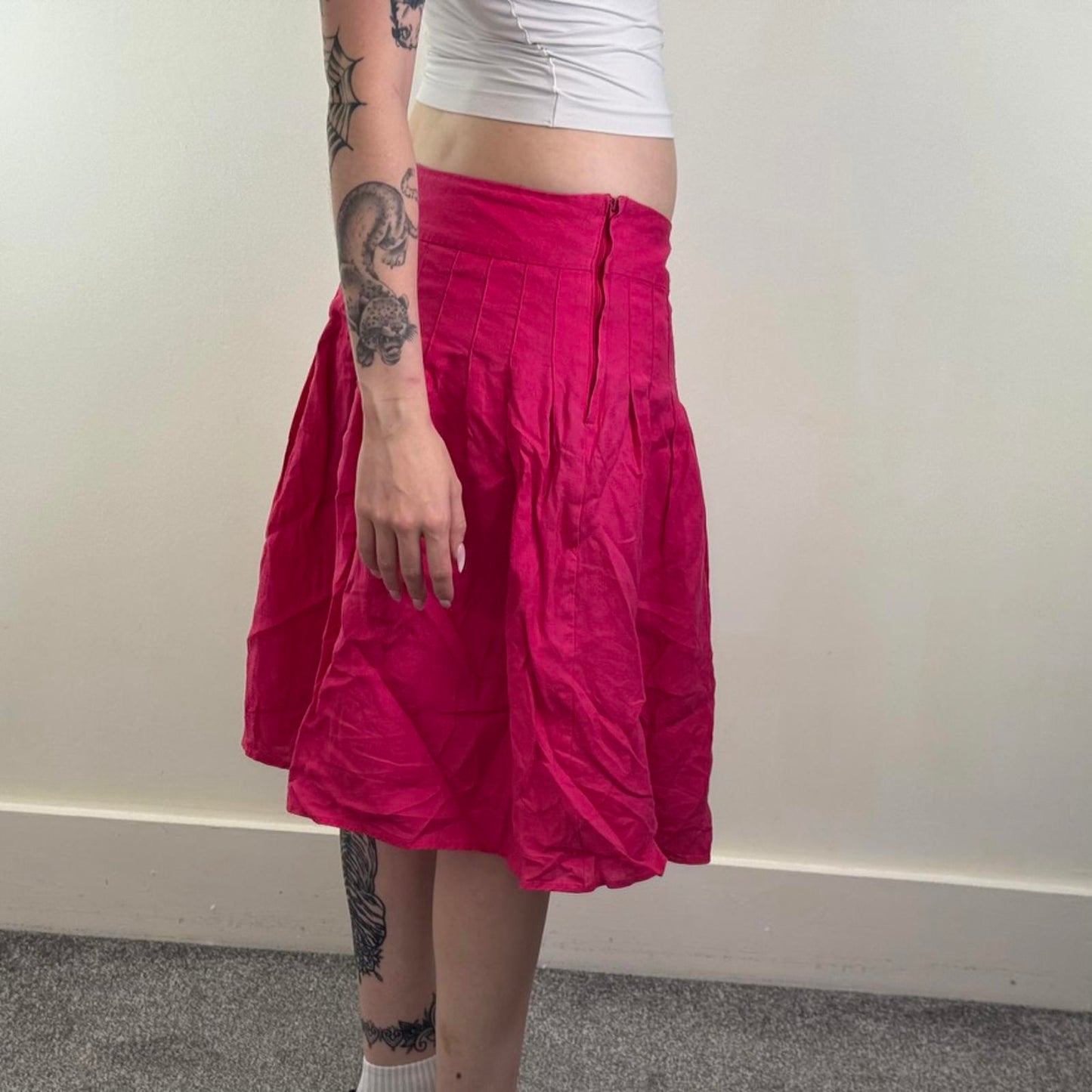Y2K vintage 100% pure linen pleated midi skirt a line knee length hot pink