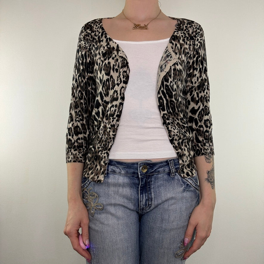 Y2K vintage leopard print cardigan button up 3/4 sleeve scoop neck fine knit